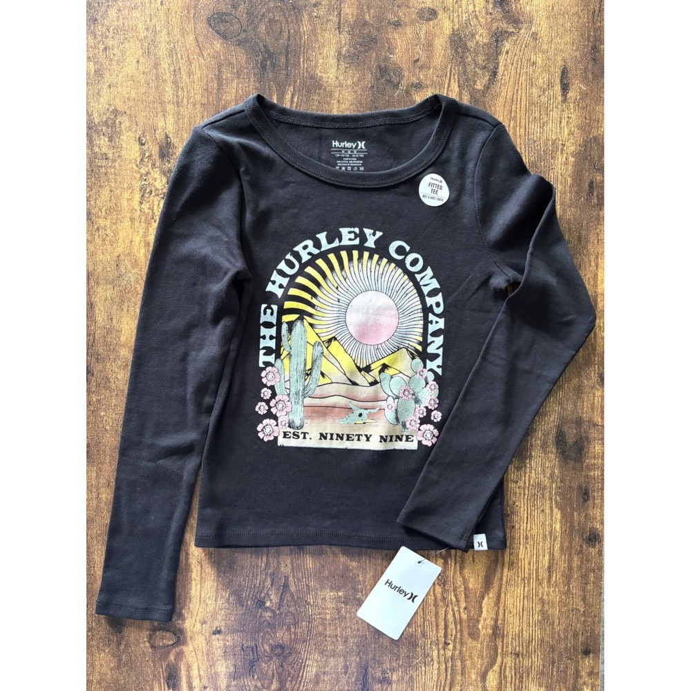 Hurley Girls Black Desert Sun Graphic Long Sleeve Fitted Tee Shirt Size M 10-12